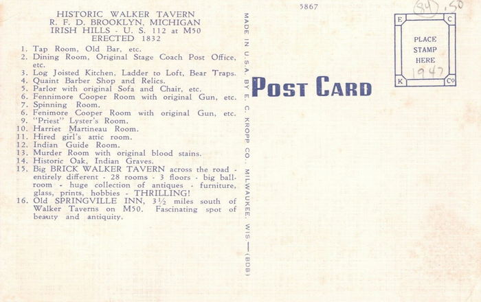 Irish Hills Area - Walker Tavern Postcard (newer photo)